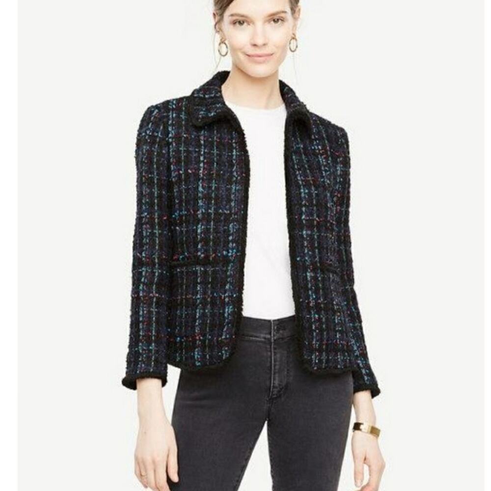 ANN TAYLOR Blazer Jacket Tweed Fringe Black Navy Multi Business Office Size 4